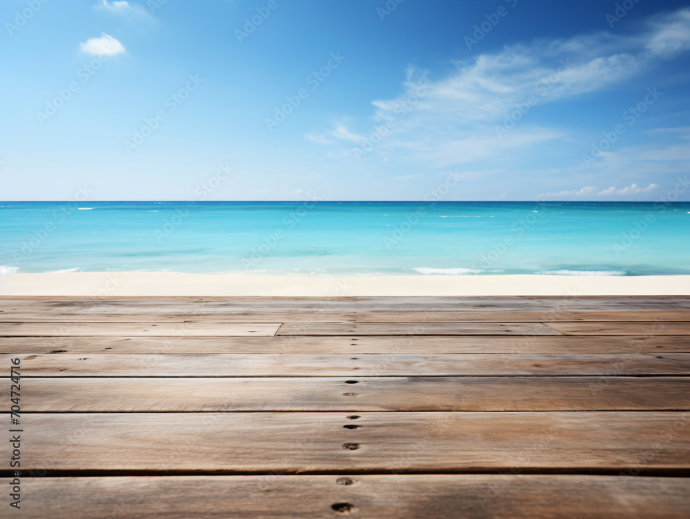 Fototapeta premium Empty wooden dock with the beach and ocean in the background,