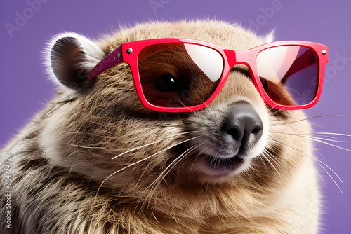 Creative Animal Concepts - Surrealist advertising of sunglasses worn by solid pastel backgrounds and isolated wombats generative ai
