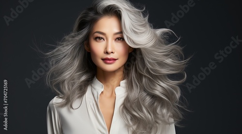 Elegant Asian woman with flowing silver hair