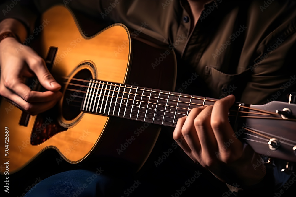 Fototapeta premium Man playing acoustic guitar on dark background, closeup. Music concept