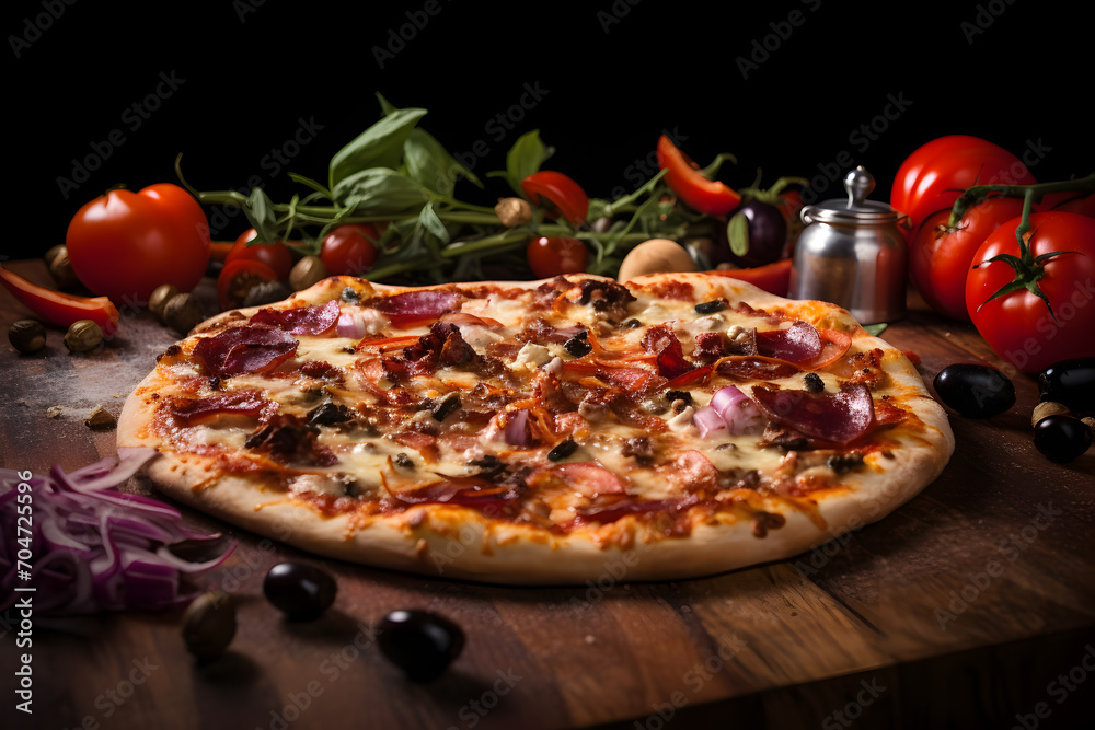Pizza with salami, mozzarella, olives and tomatoes
