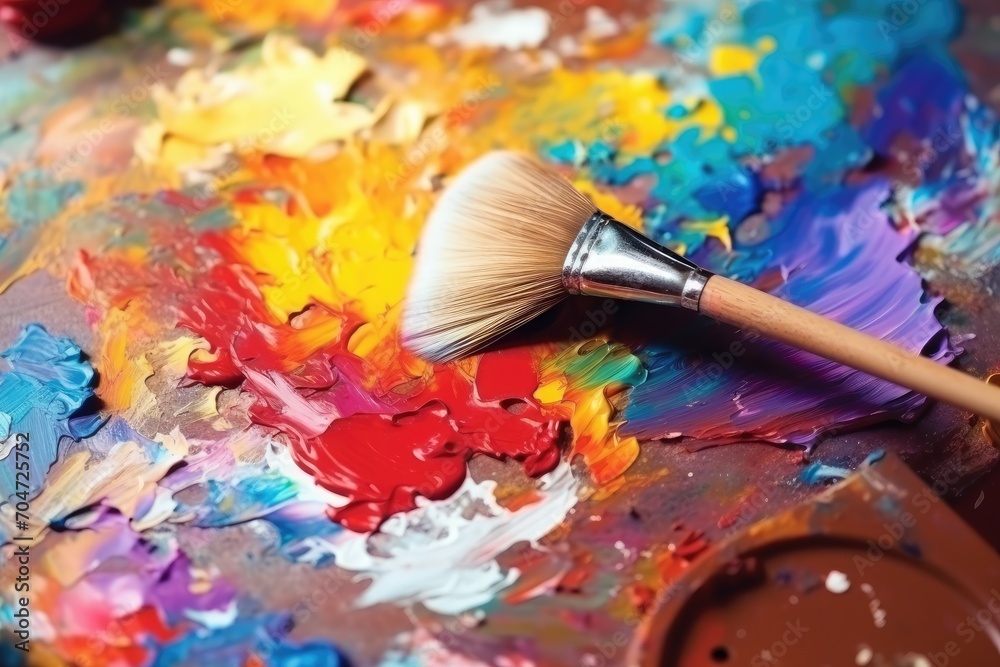 Artist using a mixed color palette and brush to create an oil painting