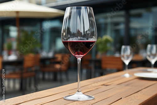 A glass of red wine on a street terrace in a cafe. Wine glass. Summer drink for party, wine shop or wine tasting concept. A date or romantic dinner. Copy space