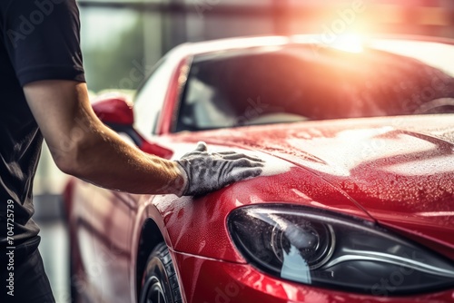 Professional car wash specialist using a big soft sponge to wash a beautiful red sports car with shampoo before detailing, polishing, and waxing. photo