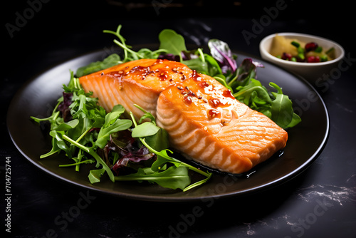 Salmon fillet with arugula and balsamic vinegar