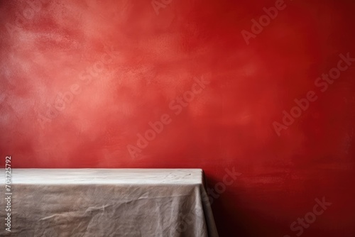 Wooden table, tablecloth, and grunge red wall in the background.