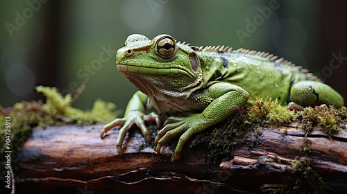 Majestic Green Frog Lounging on Moss-Covered Log in Shadowy Forest © Ross