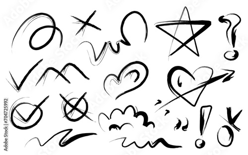 Set of trendy doodle and random childish doodle elements isolated on white background. Brush drawn, stroke, underline, star, heart shape, question mark, exclamation mark, true mark, and curly lines.