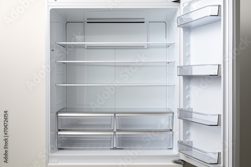Fridge with shelves inside, empty and open.