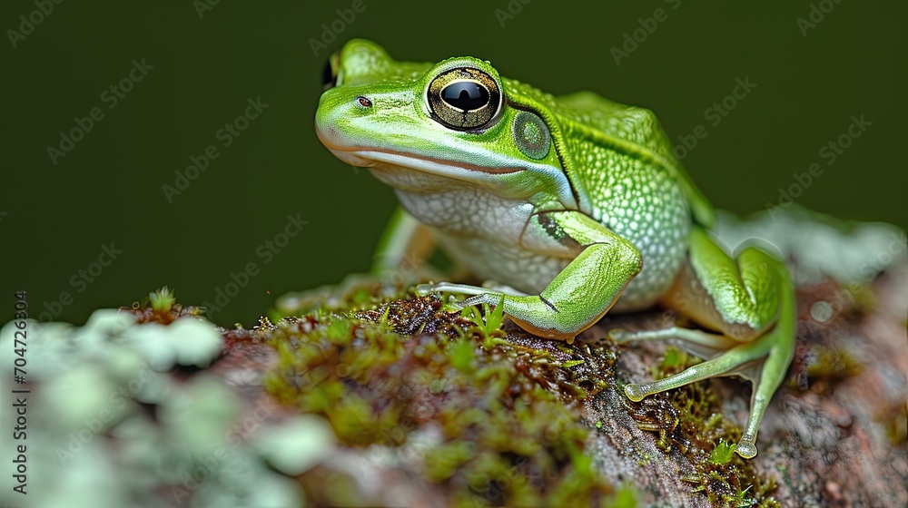 Alert Green Frog Perched on Mossy Branch, Macro Nature Shot Alert Green Frog Perched on Mossy Branch, Macro Nature Shot
