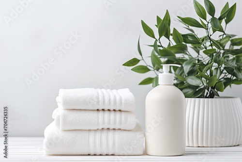 Green plant on white table inside bathroom, with soap and shampoo bottles and cotton towels.
