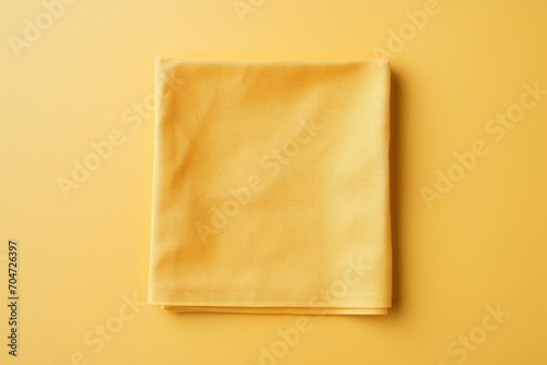 Yellow kitchen napkin on table with empty space. Isolated, folded cloth for mockup. Minimal, flat lay style.