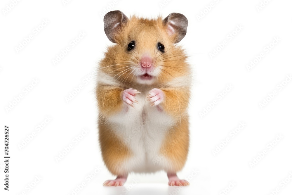 Baby hamster standing on hind legs, hugging itself, looking at camera. White background. Baby hamster standing on hind legs, hugging itself, looking at camera. White background.