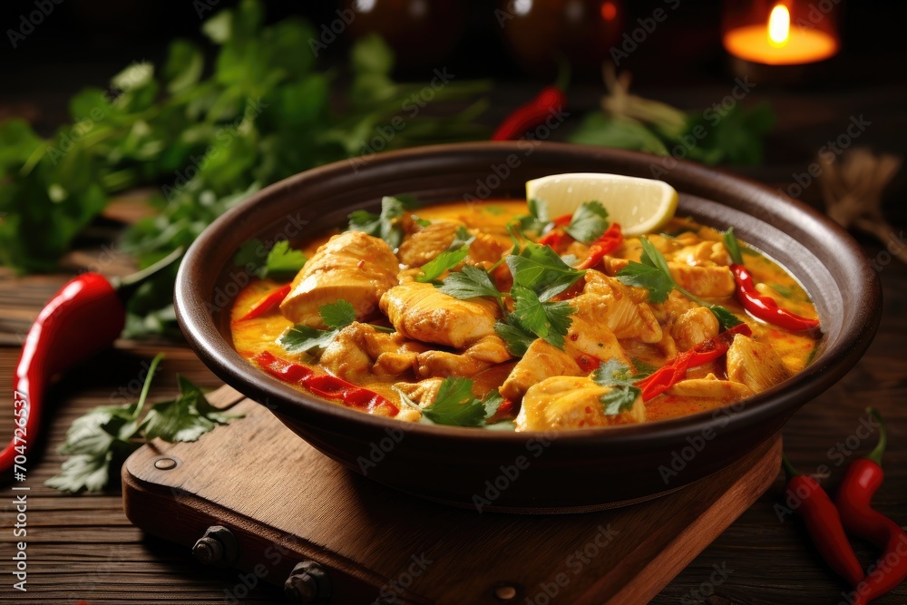 Delicious chicken curry in wooden bowl