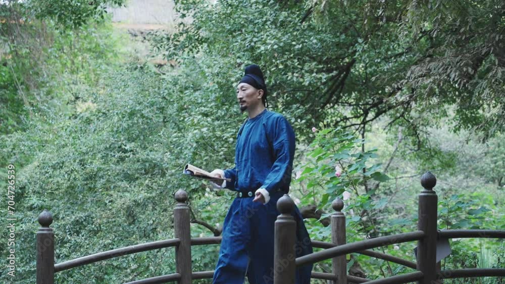 people in ancient costume on bridge in park people in ancient costume on bridge in park