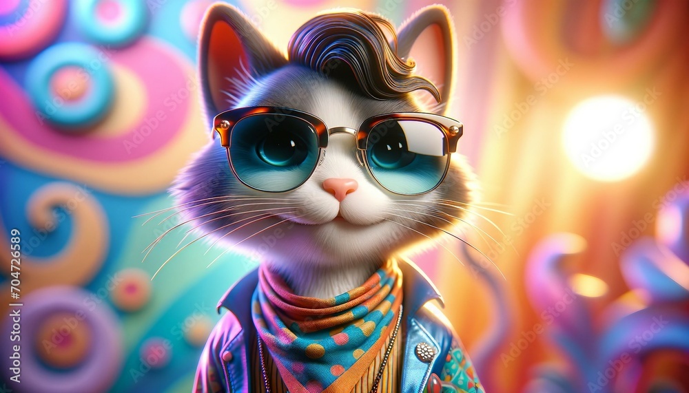 Fashionable cat in sunglasses on colorful background. 3D illustration.