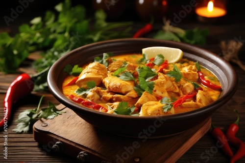 Delicious chicken curry in wooden bowl