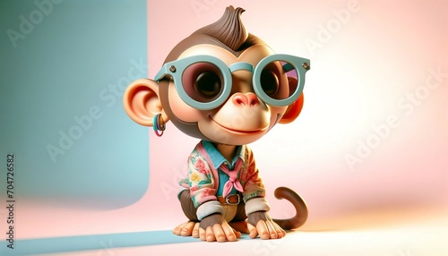 Cute monkey with sunglasses, 3d illustration