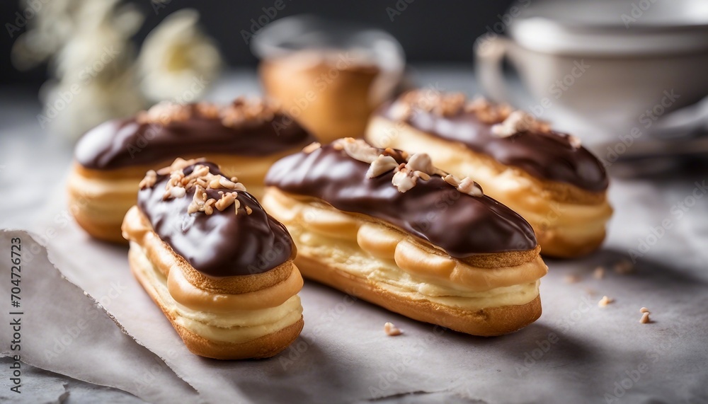 Delicious eclairs with chocolate glaze and nuts on the table