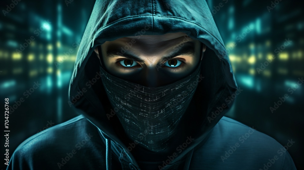 A masked man in a dark hoodie looking at the camera with a serious expression A masked man in a dark hoodie looking at the camera with a serious expression