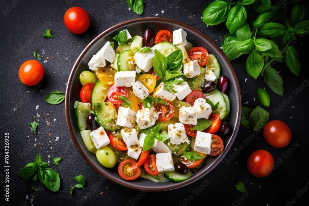 Homemade Mediterranean salad with goat cheese and veggies, top view, copy space. Homemade Mediterranean salad with goat cheese and veggies, top view, copy space.