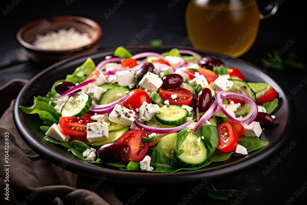 Healthy vegetarian meal, comprising Greek salad ingredients, emphasizing nutrition and flavor. Close-up. Healthy vegetarian meal, comprising Greek salad ingredients, emphasizing nutrition and flavor. Close-up.