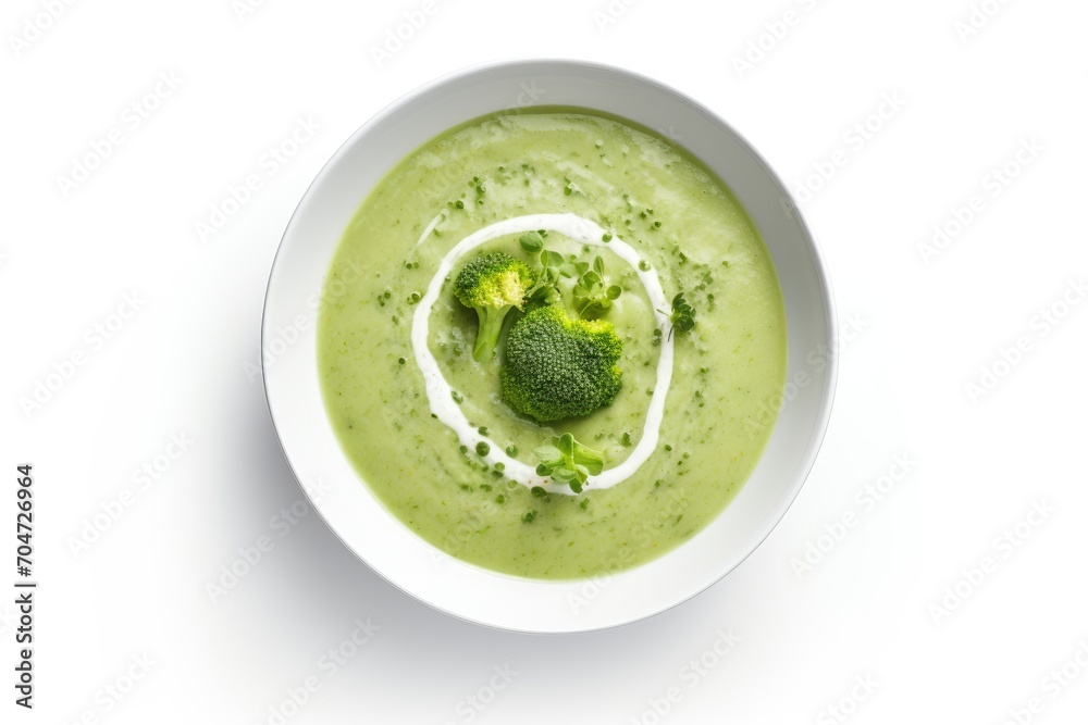 Healthy vegan green soup with creamy parmesan broccoli, served on a white table from a top view. Healthy vegan green soup with creamy parmesan broccoli, served on a white table from a top view.