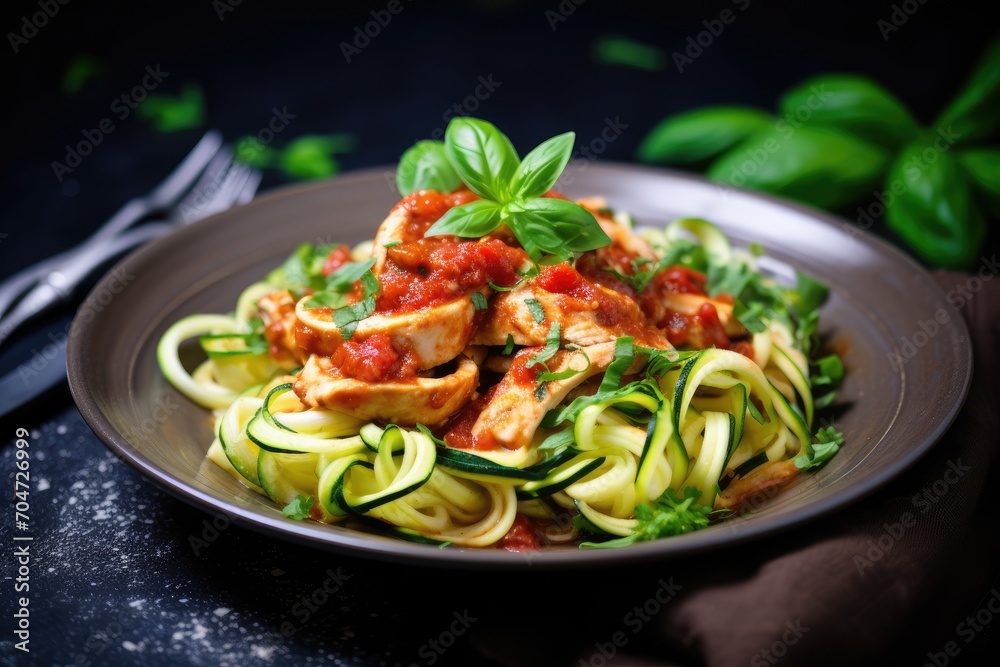 Low carb keto diet chicken pasta with healthy zucchini and tomato sauce.