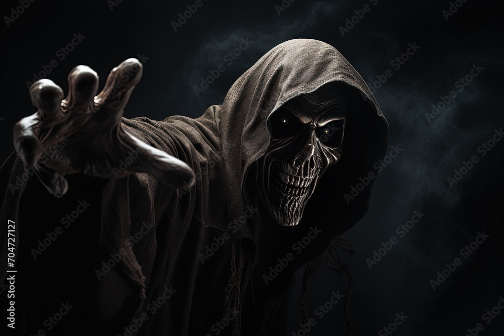 Camera pointed towards grim reaper against dark background Camera pointed towards grim reaper against dark background