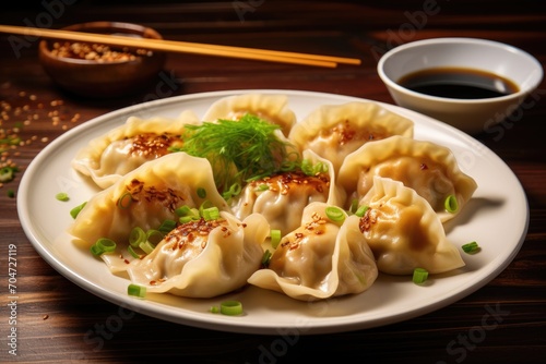 Cabbage and chive dumplings with sauces on wood with chopsticks