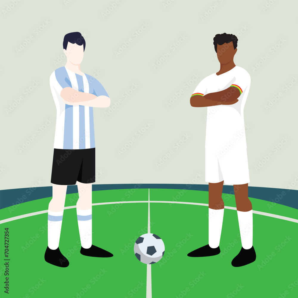 Match preview displaying two male footballers within a football field vector illustration. Argentina vs Ghana. Match preview displaying two male footballers within a football field vector illustration. Argentina vs Ghana.