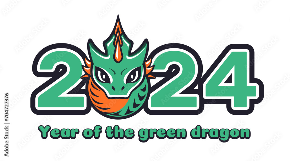 Fototapeta premium Stylized inscription 2024, where instead of zero there is the head of a cute small dragon. 2024 lettering. Year of the green dragon. Vector illustration