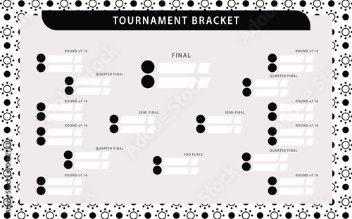 Monochrome vector tournament bracket. Simple black and white knocked-off stages with sun pattern. Suitable for football, badminton, basketball, and other sports.