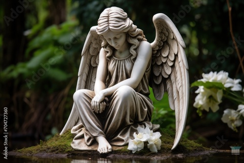 Cemetery headstone bearing angel statue for remembrance and sorrow