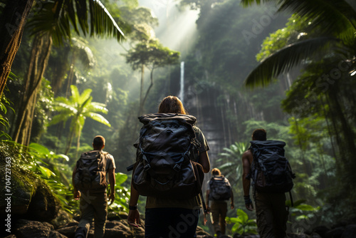 A group of backpackers navigating a lush tropical jungle, with sunlight filtering through dense foliage, creating a magical atmosphere as they discover hidden waterfalls and vibran