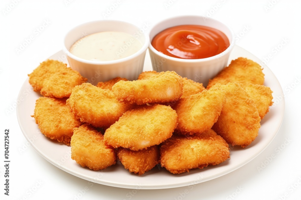 Chicken nuggets and sauce on white background Chicken nuggets and sauce on white background
