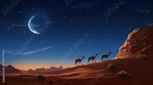 Camels in the desert at night with stars and moon