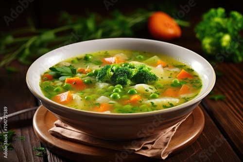 Chicken soup with vegetables in a white bowl on a rustic wooden background Top view