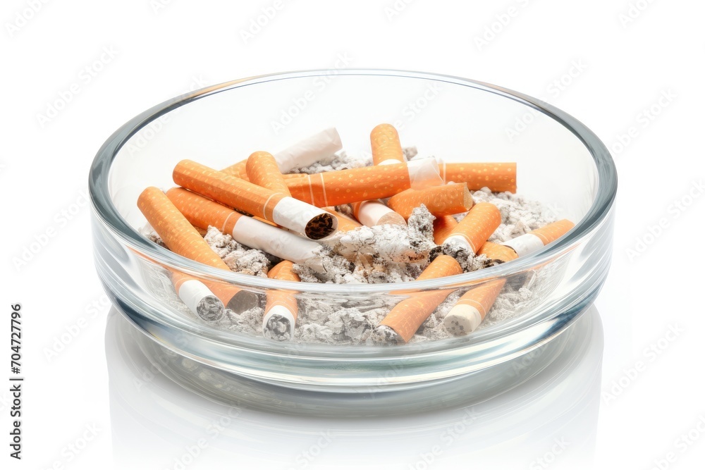 Cigarette stubs in a glass ashtray white isolated Cigarette stubs in a glass ashtray white isolated