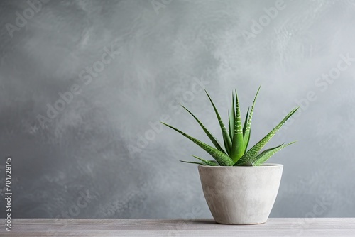 Copy space on a grey table with a flowerpot holding Aloe Vera in front of a grunge grey wall