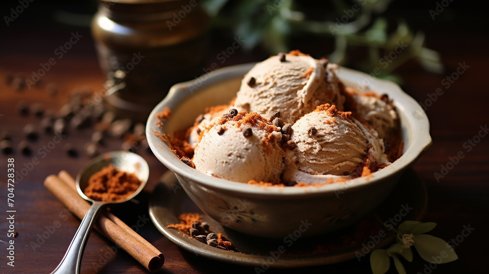 chai spice ice cream at a cozy book cafe warm with warm with chai spices on wooden table