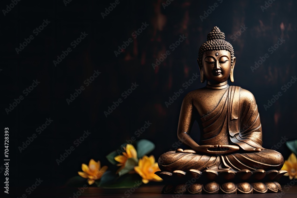 Dark background with space for copy depicting a meditating Buddha statue