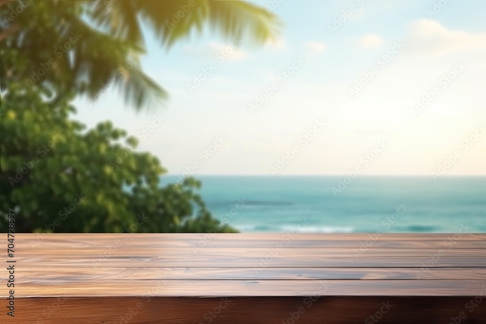 Empty brown wood table with blur sea view as a banner mock up template for product display Empty brown wood table with blur sea view as a banner mock up template for product display