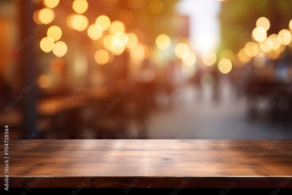 Empty wooden table with blurred coffee shop background for product display Empty wooden table with blurred coffee shop background for product display
