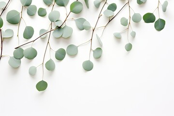 Eucalyptus leaves and branches on white table Green foliage Minimal decor Flat lay No people Web banner