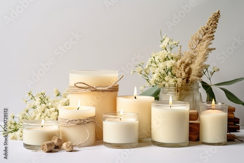 Eco friendly soy wax candles with glass container wick and fragrance Suitable for hobby or business Creating trendy diy candles safely on a white background photo