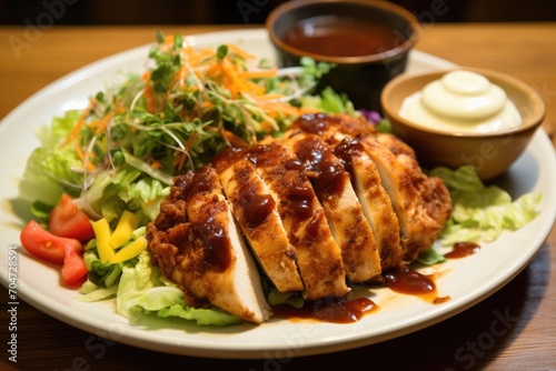 Explosive chicken served with salad and cheese