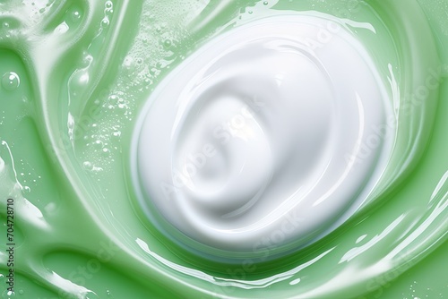 Green background with white cleanser foam bubbles Closeup of soap shower gel and shampoo foam texture sample