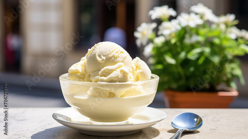 classic vanilla in parisian cafe creamy vanilla bean ice cream enjoyed at quaint outdoor cafe Paris photo