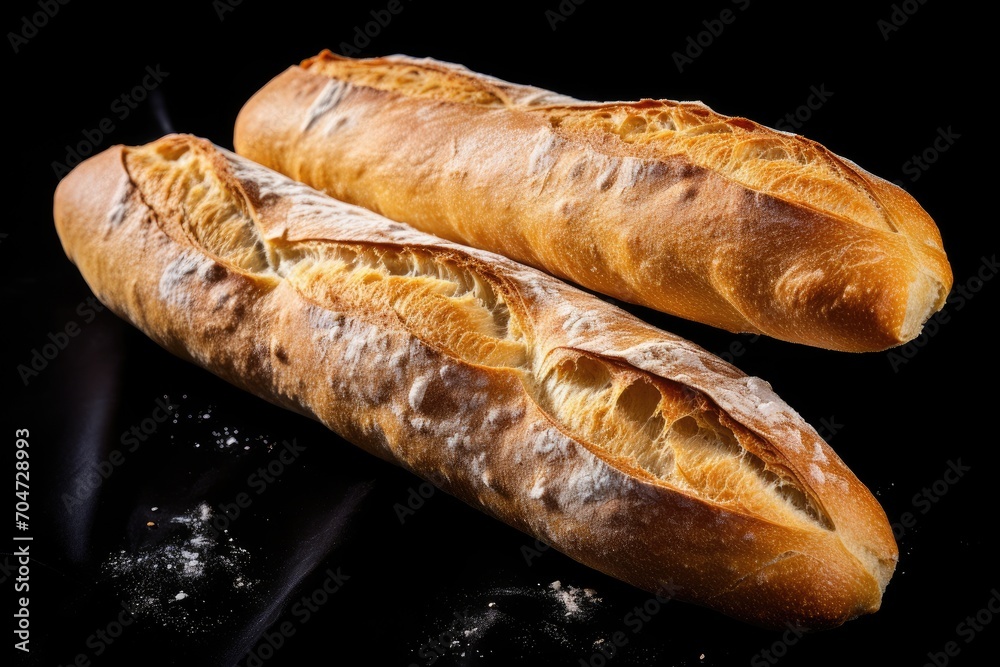 Two crispy French baguettes on a dark backdrop. Two crispy French baguettes on a dark backdrop.